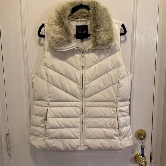 Talbots Cream Puffer Vest with Faux Fur Trim xl - Picture 1 of 8